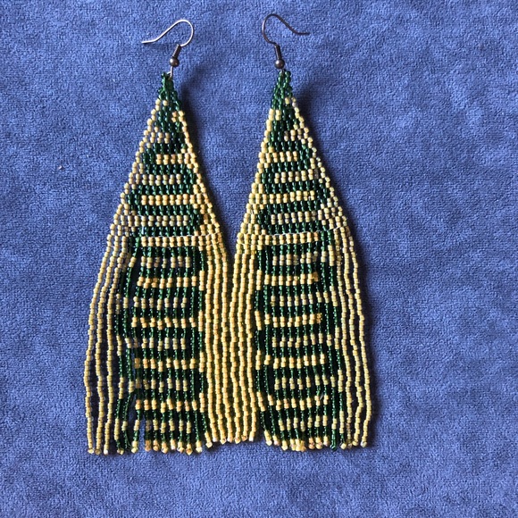 Handmade earrings in green, two shades of yellow - Picture 2 of 4